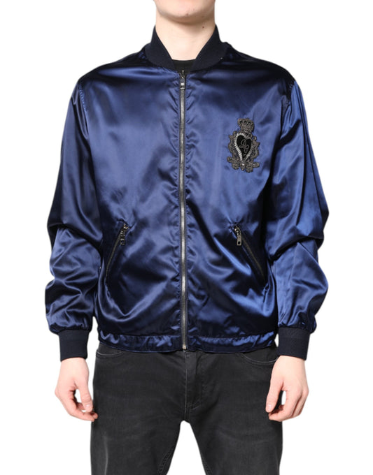 Dolce & Gabbana Blue Nylon DG Crown Full Zip Bomber Jacket