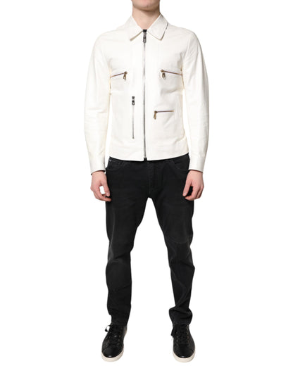 Dolce & Gabbana White Collared Full Zip Biker Coat Jacket