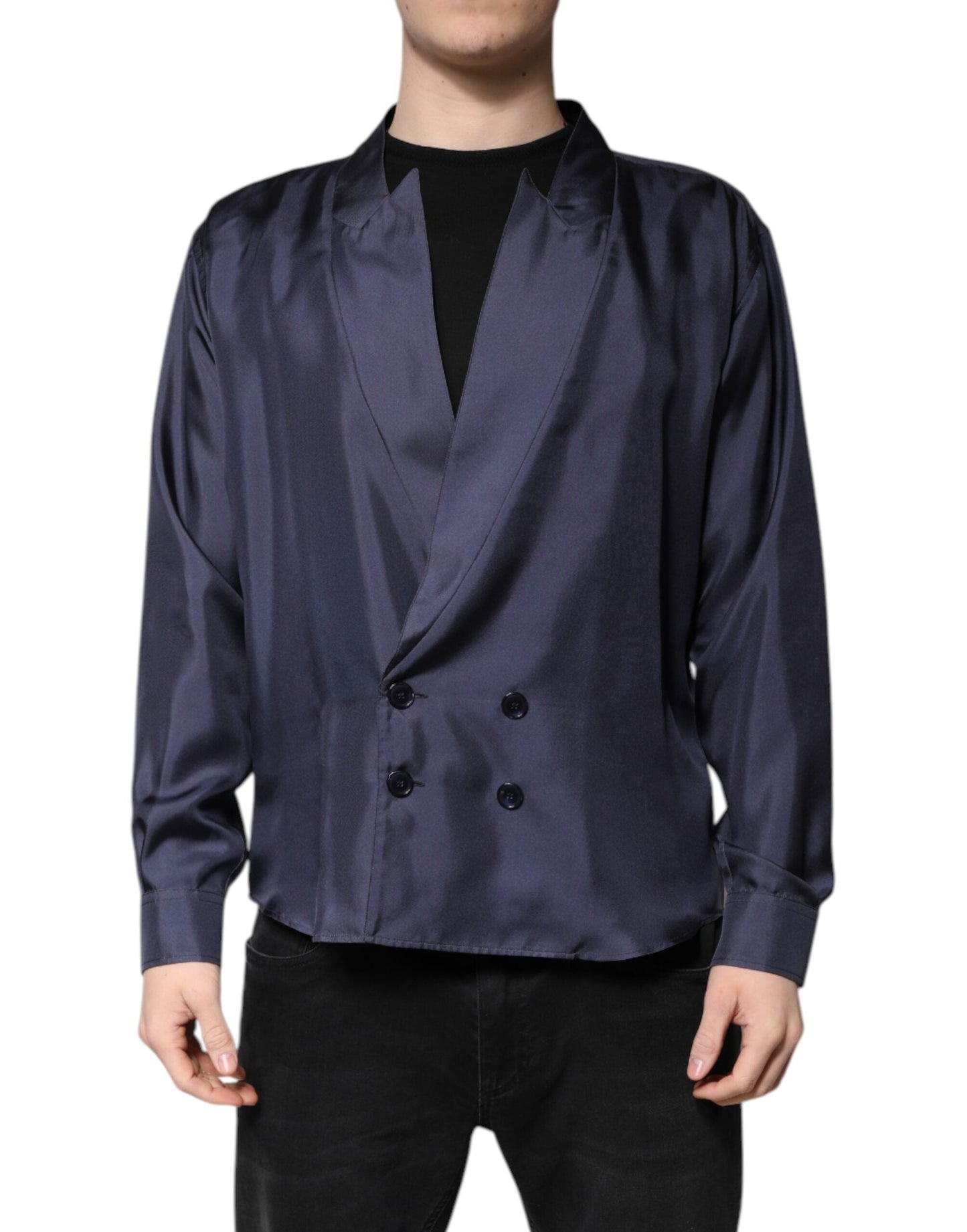 Dolce & Gabbana Dark Blue Silk Double Breasted Shirt
