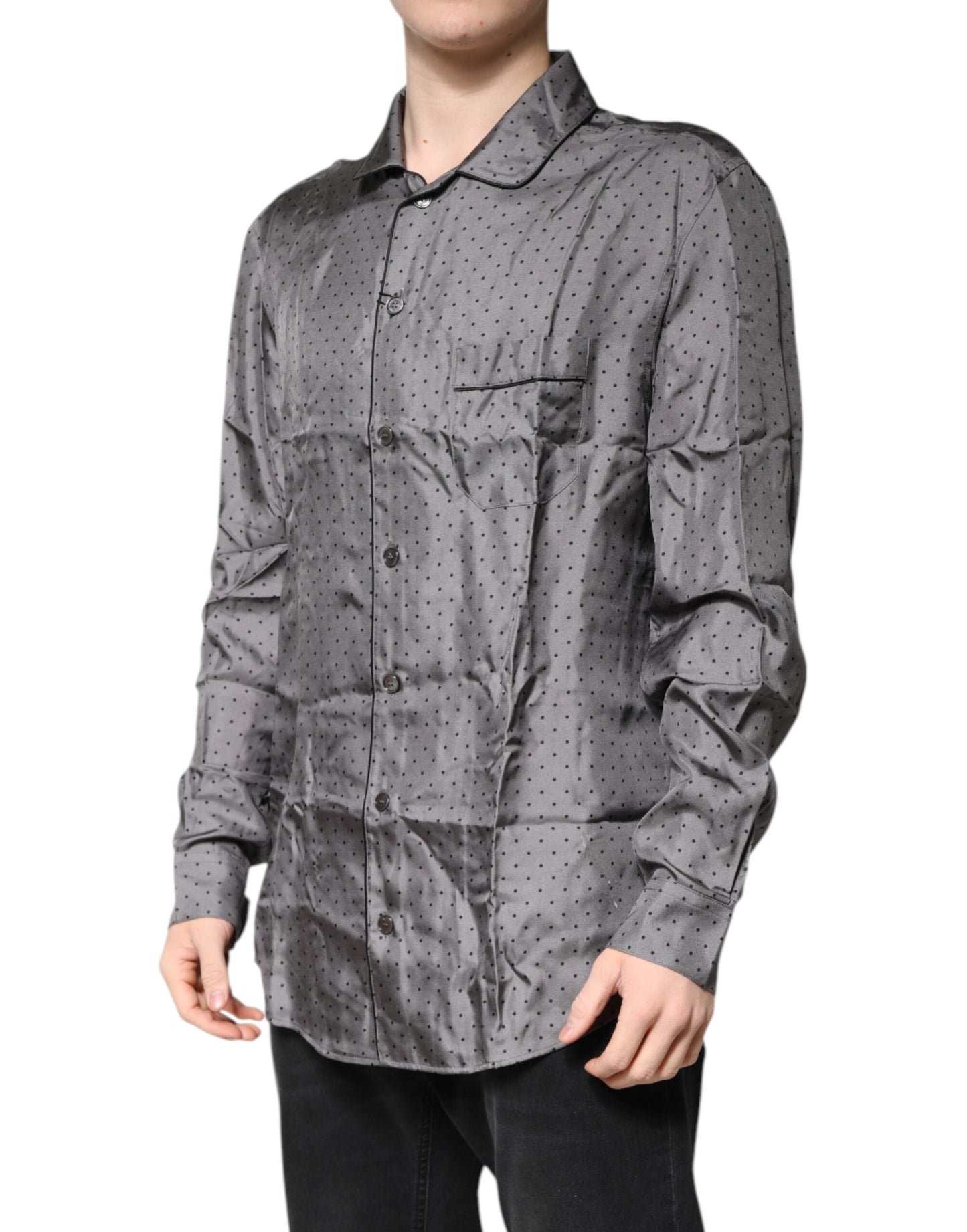 Dolce & Gabbana Gray Polka Dot Silk Long Sleeve Shirt