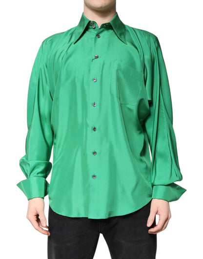 Dolce & Gabbana Green Silk Satin Long Sleeves Casual Shirt