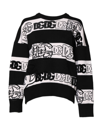 Dolce & Gabbana Black White Logo Print Wool Pullover Sweater