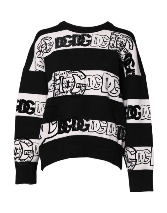 Dolce & Gabbana Black White Logo Print Wool Pullover Sweater