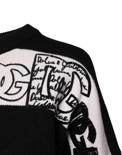 Dolce & Gabbana Black White Logo Print Wool Pullover Sweater