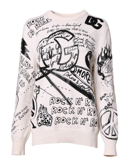 Dolce & Gabbana White Black Logo Print Women Pullover Sweater