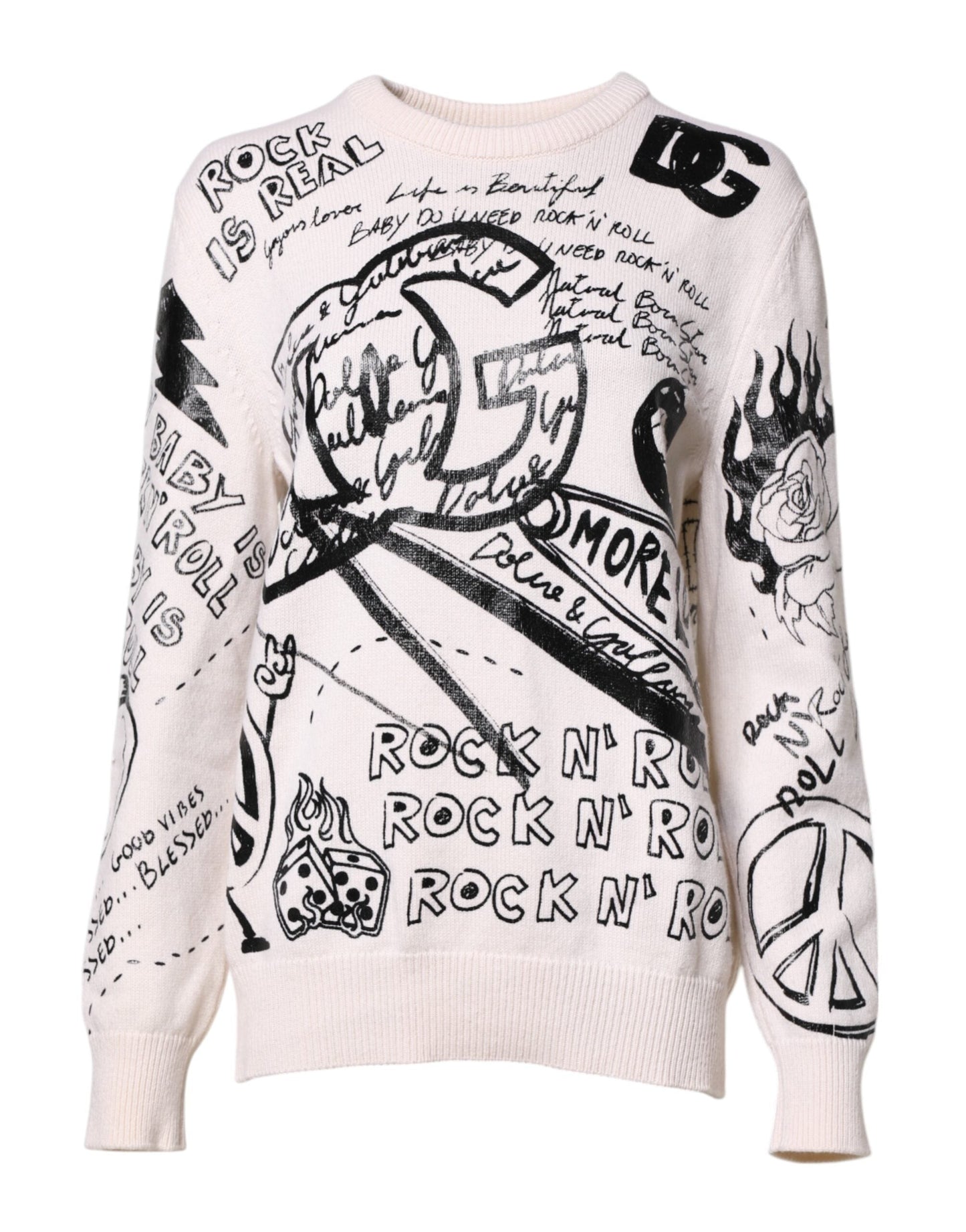 Dolce & Gabbana White Black Logo Print Women Pullover Sweater