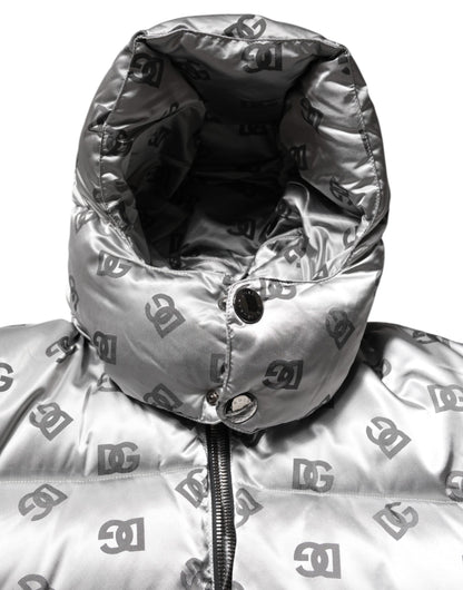 Dolce & Gabbana Silver Logo Full Zip Hooded Quilted Jacket