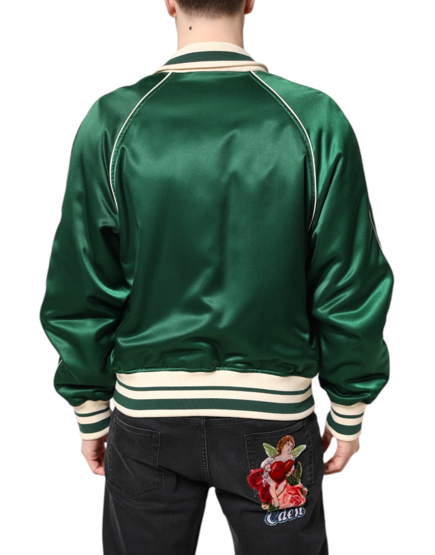 Dolce & Gabbana Green Floral DG Logo Full Zip Bomber Jacket