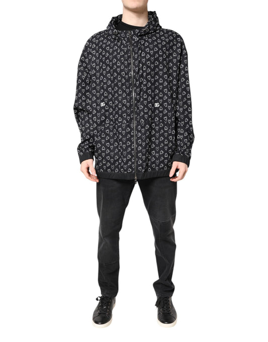 Dolce & Gabbana Black Heart Print Hooded Windbreaker Jacket