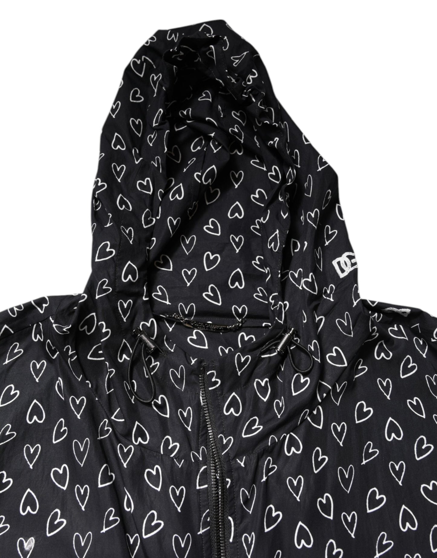 Dolce & Gabbana Black Heart Print Hooded Windbreaker Jacket