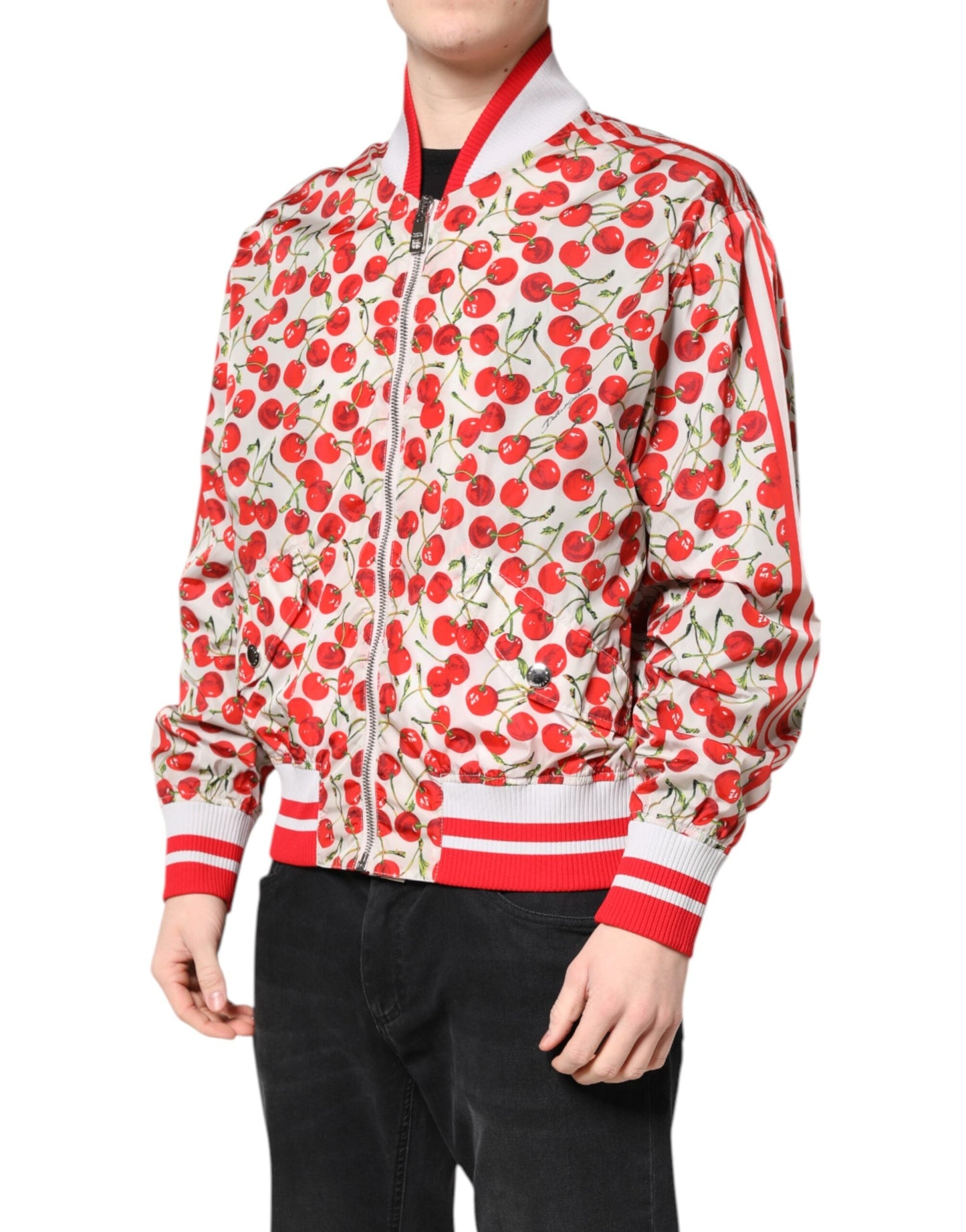 Dolce & Gabbana White Cherry Print Full Zip Bomber Jacket