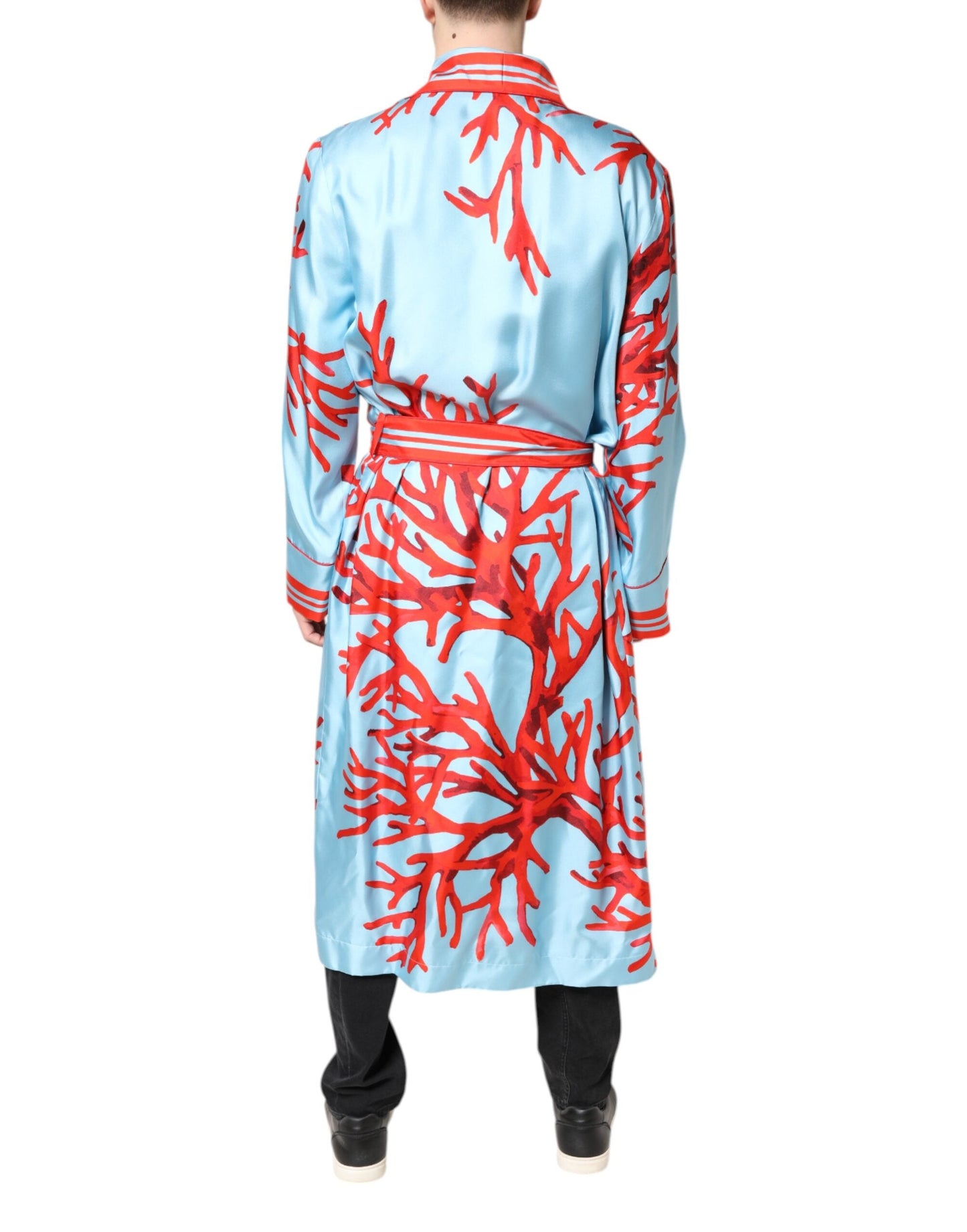 Dolce & Gabbana Blue Red Coral Print Wrap Robe Coat Jacket