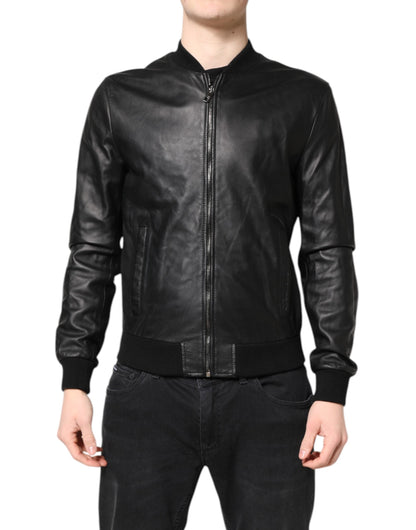 Dolce & Gabbana Black Lambskin Leather Full Zip Biker Jacket