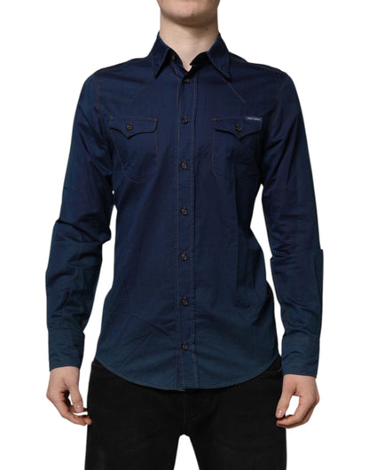 Dolce & Gabbana Blue Cotton GOLD Long Sleeves Casual Shirt