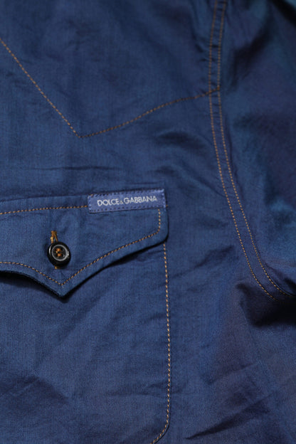 Dolce & Gabbana Blue Cotton GOLD Long Sleeves Casual Shirt