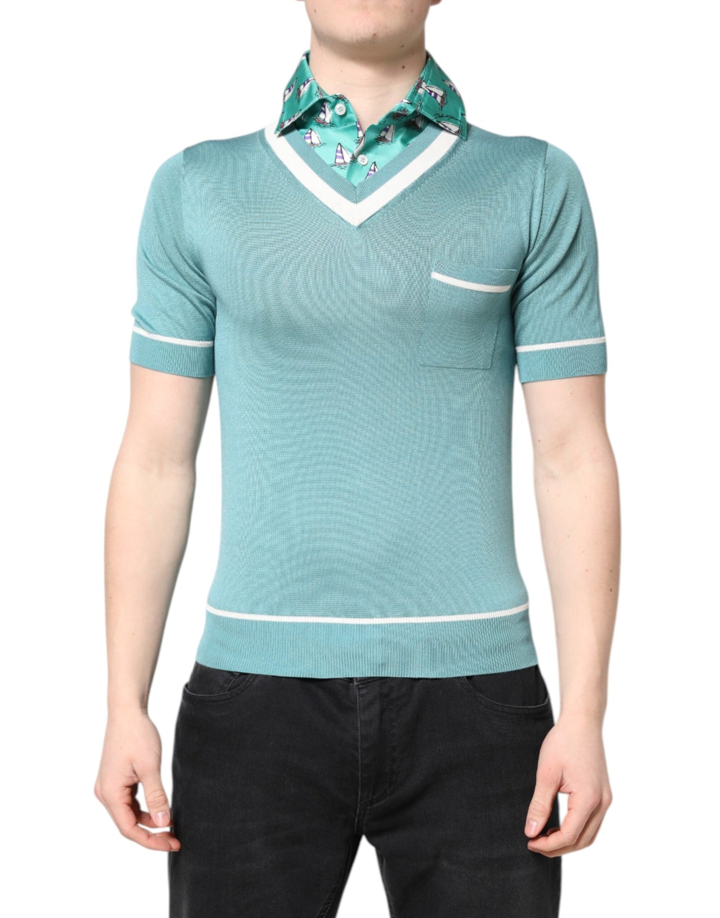 Dolce & Gabbana Green Printed Collared Short Sleeve T-shirt