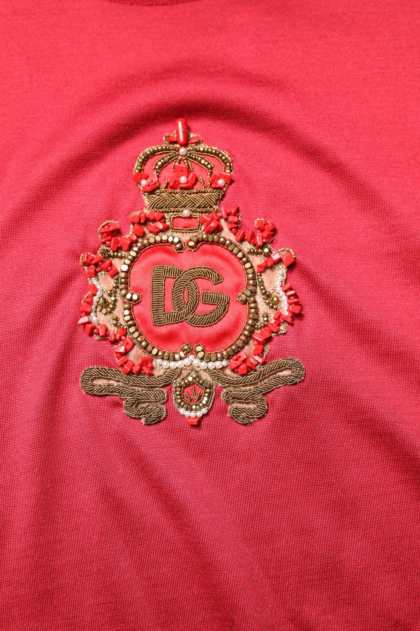 Dolce & Gabbana Red Silk DG Crown Logo Short Sleeve T-shirt
