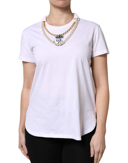 Dolce & Gabbana White Chain Pearl Cotton Round Neck T-shirt