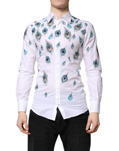 Dolce & Gabbana White Cotton Feather Print GOLD Dress Shirt