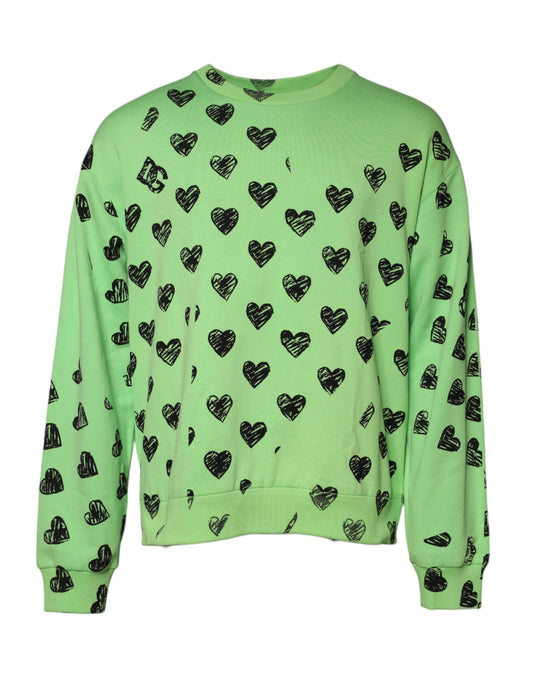 Dolce & Gabbana Green Heart Print Crew Neck Pullover Sweater
