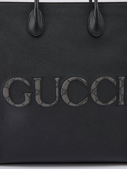 Gucci Black Leather Logo Medium Tote Bag