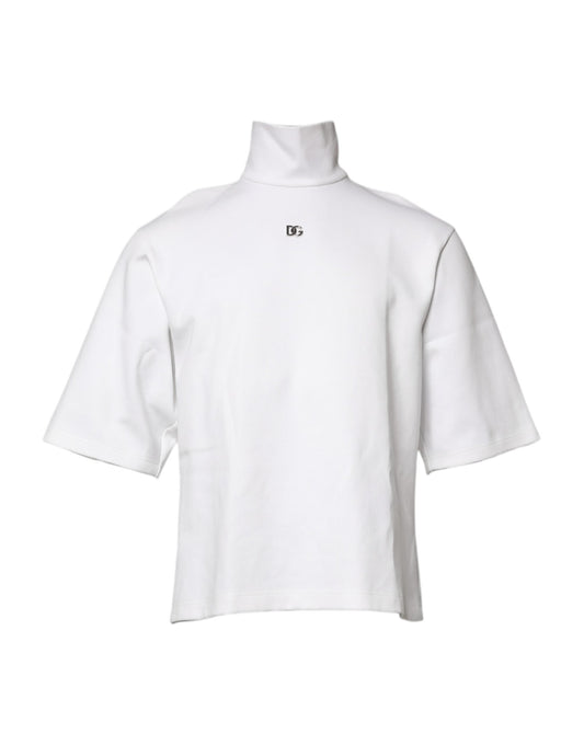 Dolce & Gabbana White Cotton Turtleneck DG Applique T-shirt