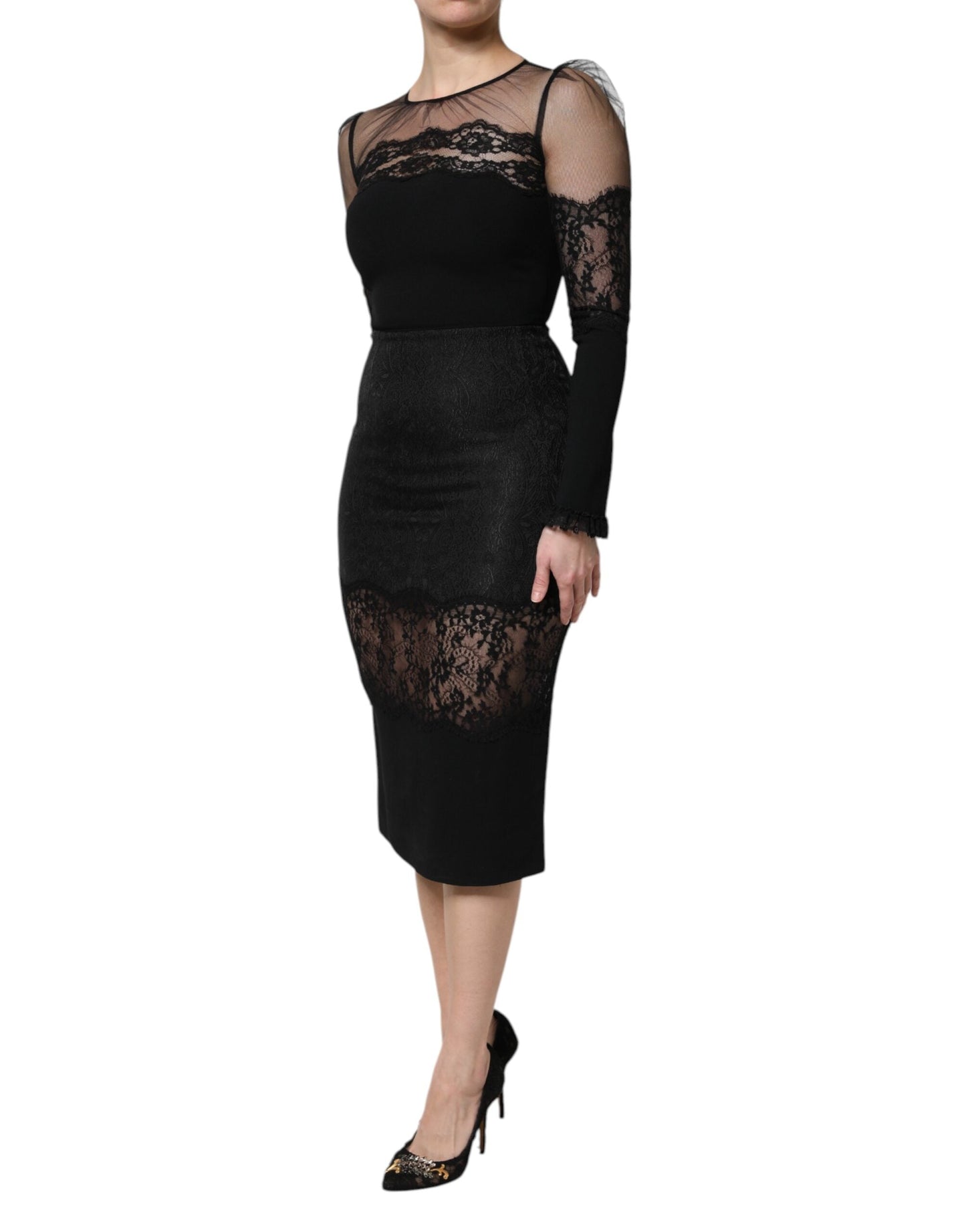 Dolce & Gabbana Black Lace Trim Nylon Tulle Sheath Midi Dress