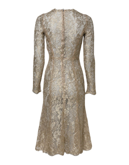 Dolce & Gabbana Gold Floral Lace Long Sleeves Fit & Flare Dress