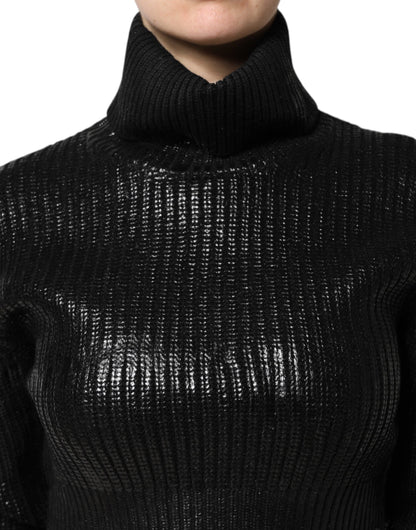 Dolce & Gabbana Black Wool Long Sleeve Turtleneck Cropped Top