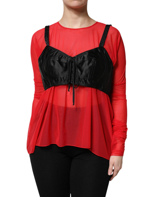 Dolce & Gabbana Red Black Bustier Detailing Long Sleeves Top