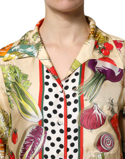 Dolce & Gabbana Multicolor Vegetables Silk Long Sleeves Top