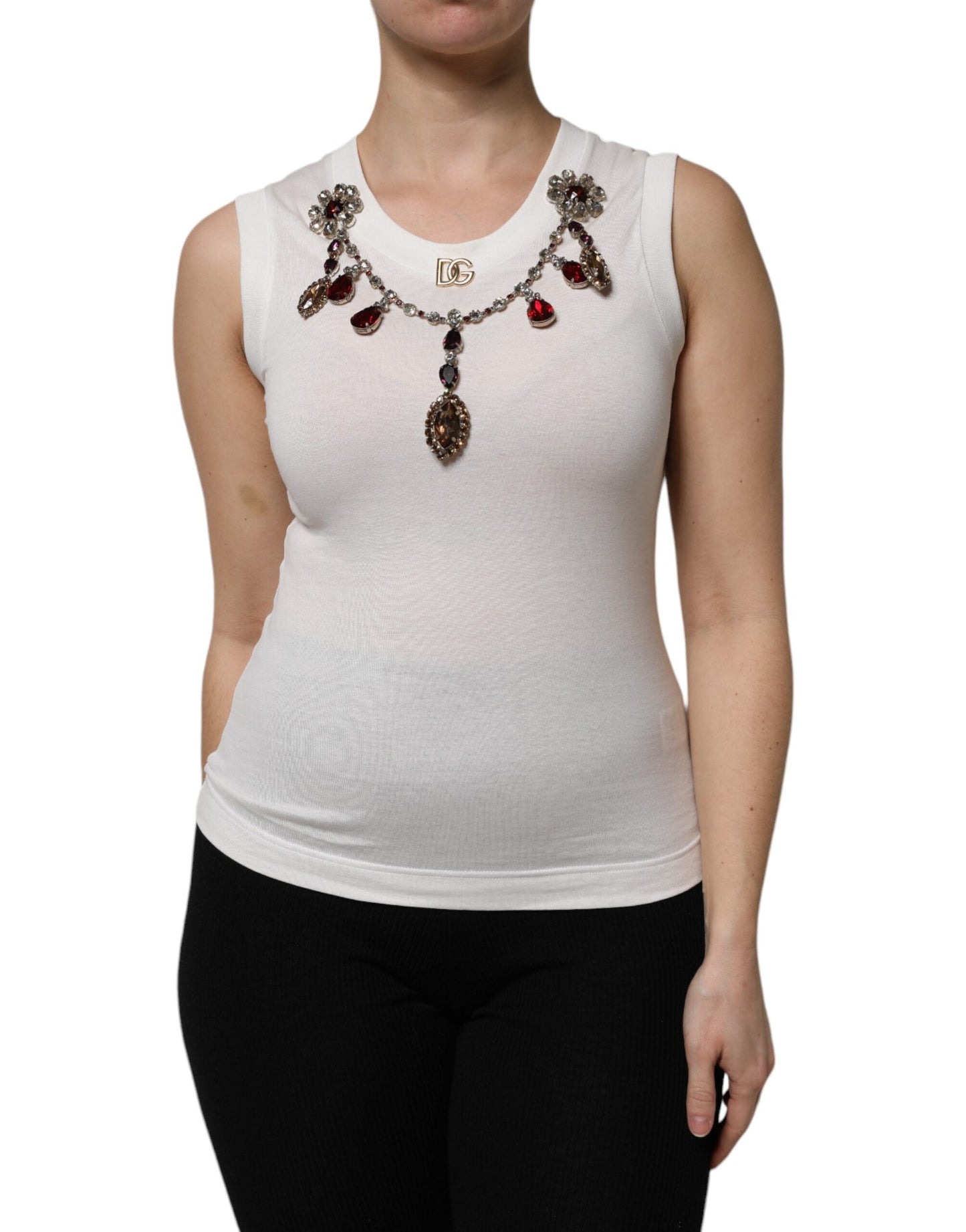 Dolce & Gabbana White Cotton Logo Crystal Detailing Tank Top