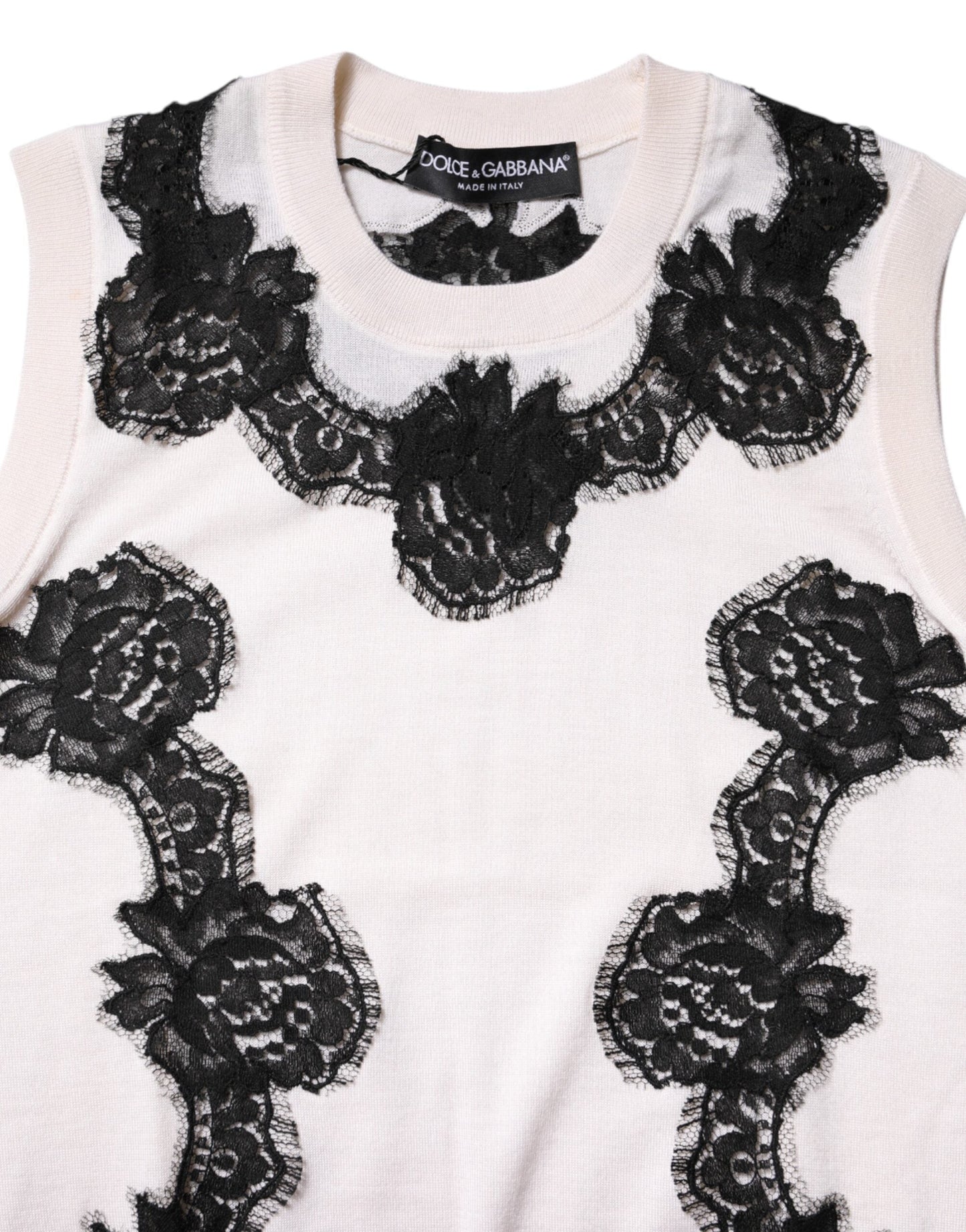 Dolce & Gabbana White Cashmere Floral Lace Detailing Tank Top