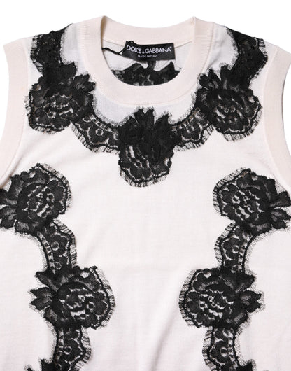 Dolce & Gabbana White Cashmere Floral Lace Detailing Tank Top