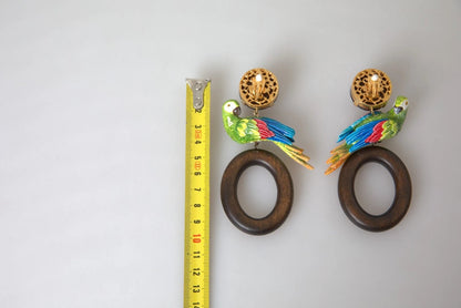 Dolce & Gabbana Multicolor Parrot Wood Brass Crystal Embellished Earrings