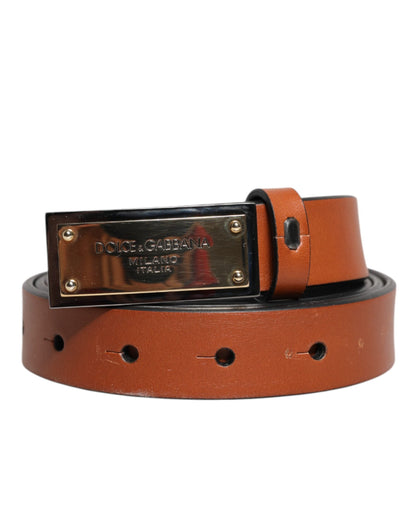 Dolce & Gabbana Brown Leather Gold Rectangle Buckle Belt