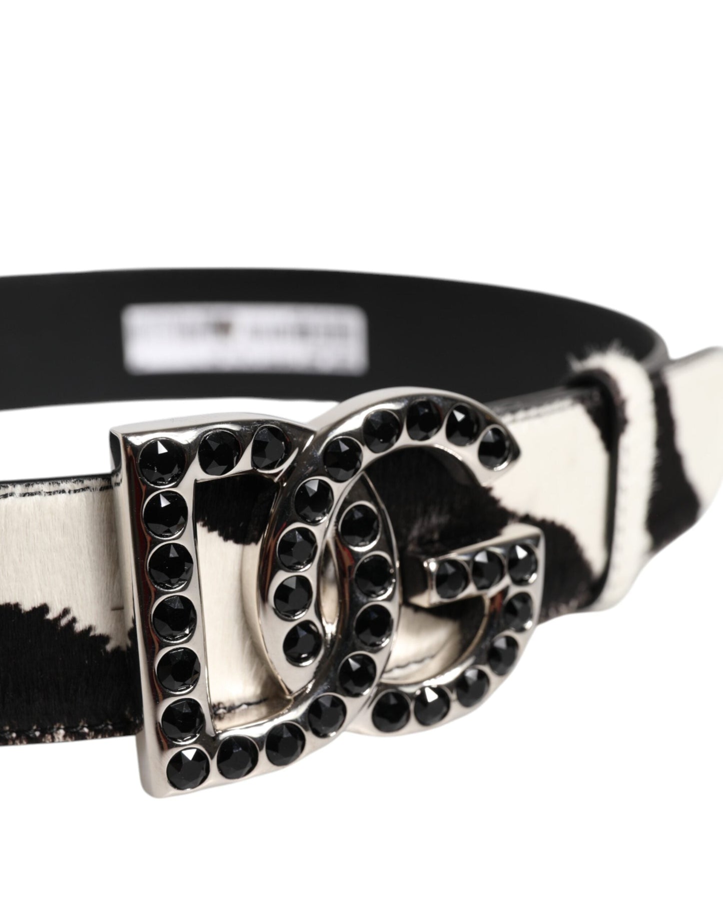 Dolce & Gabbana White Black Leather Zebra DG Crystal Buckle Belt