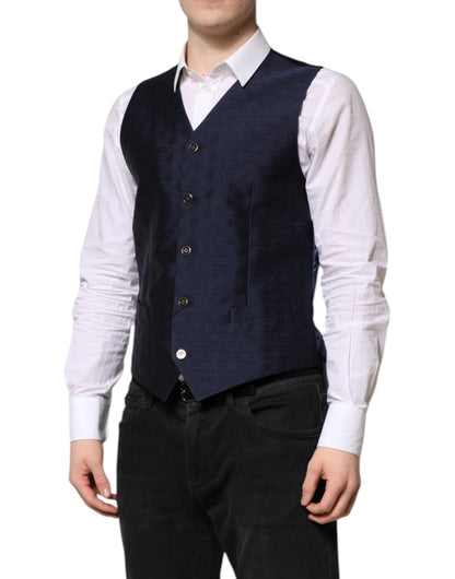 Dolce & Gabbana Dark Blue Logo Wool Formal Men Waistcoat Vest