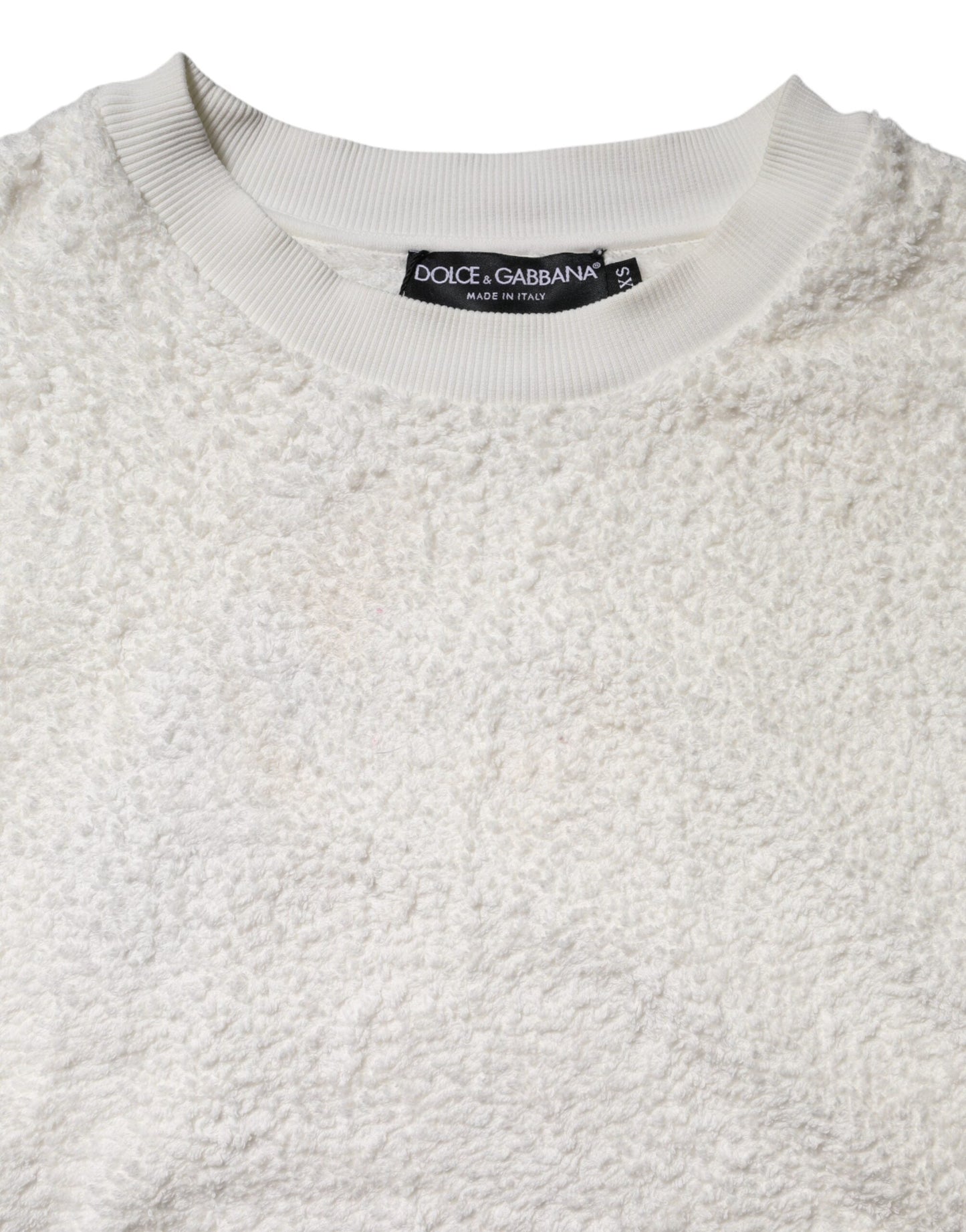 Dolce & Gabbana White Cotton Fleece Crew Neck Sweater