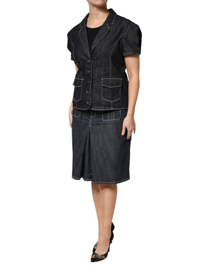 Escada Black Cotton Blend Denim Top Skirt Casual Set