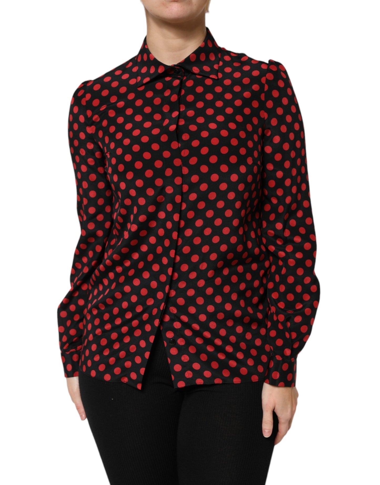 Dolce & Gabbana Black Red Polka Dot Silk Long Sleeves Top