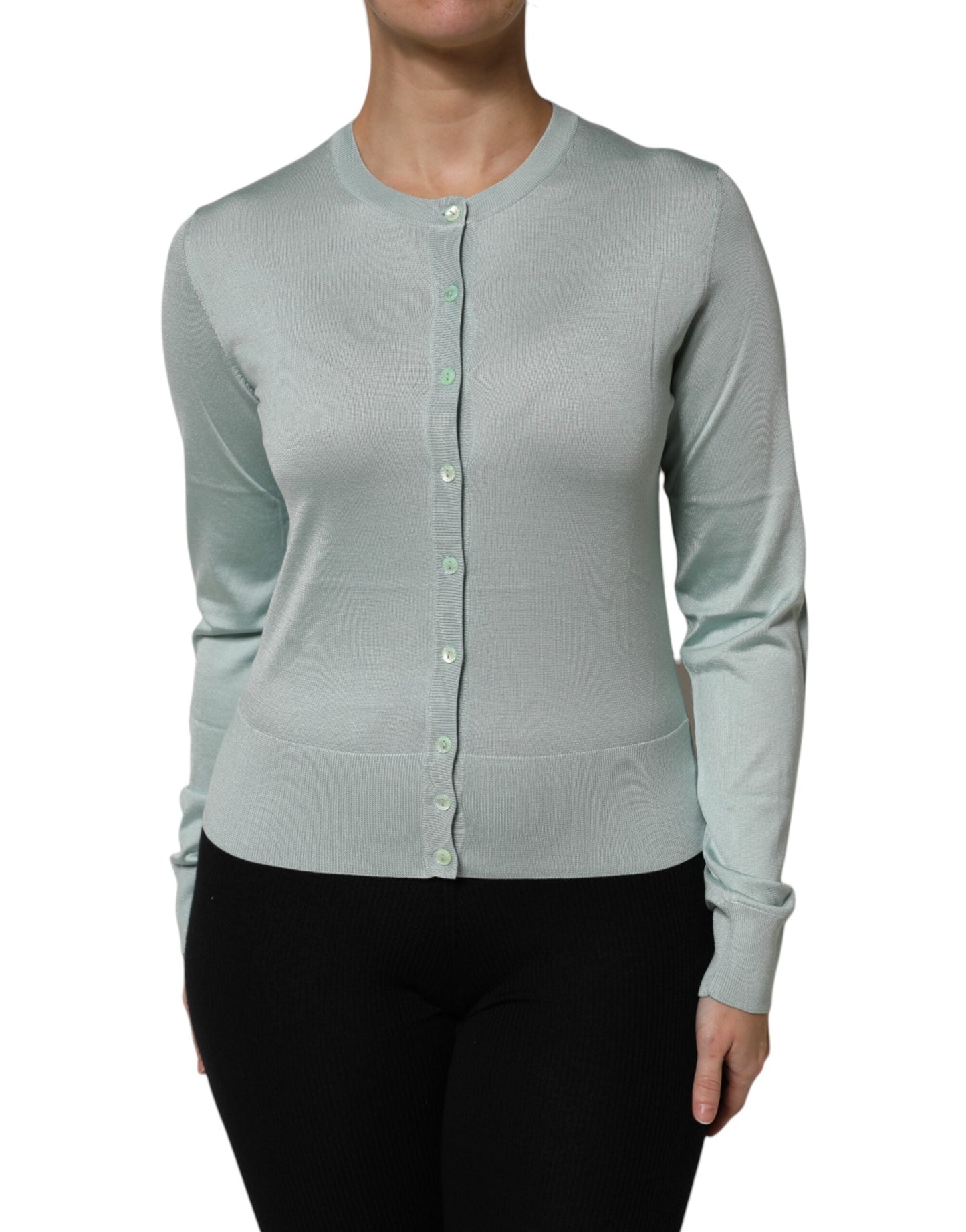 Dolce & Gabbana Light Green Silk Button Down Cardigan Sweater
