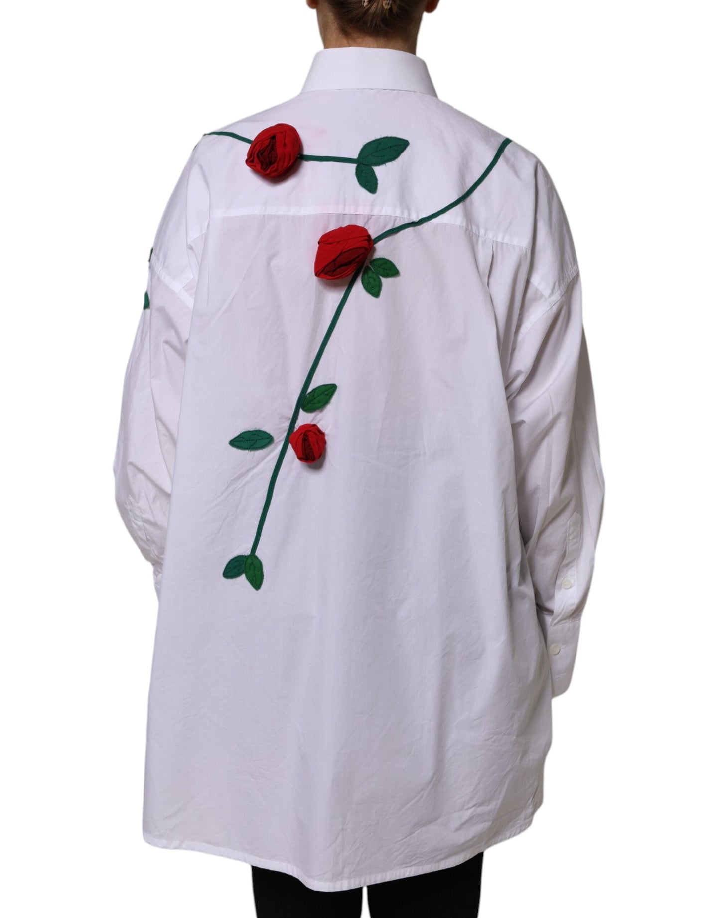 Dolce & Gabbana White Cotton Floral Appliques Dress Shirt Top
