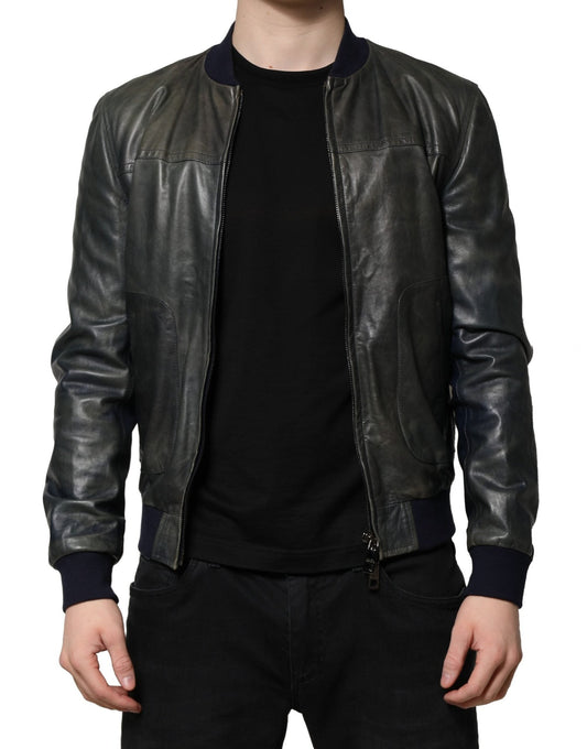Dolce & Gabbana Black Lambskin Leather Biker Full Zip Jacket