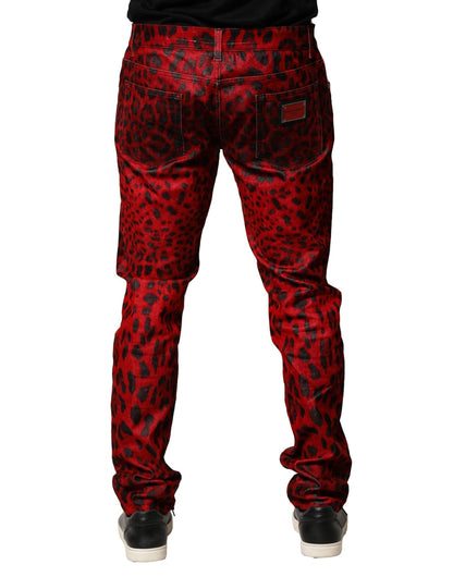 Dolce & Gabbana Red Leopard Print Cotton Skinny Denim Jeans
