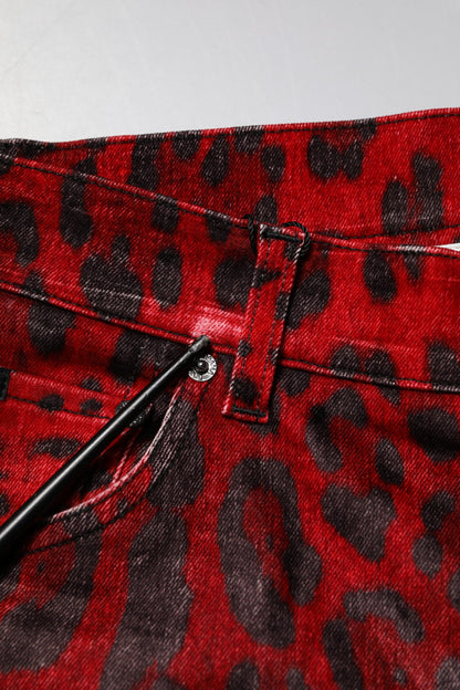 Dolce & Gabbana Red Leopard Print Cotton Skinny Denim Jeans