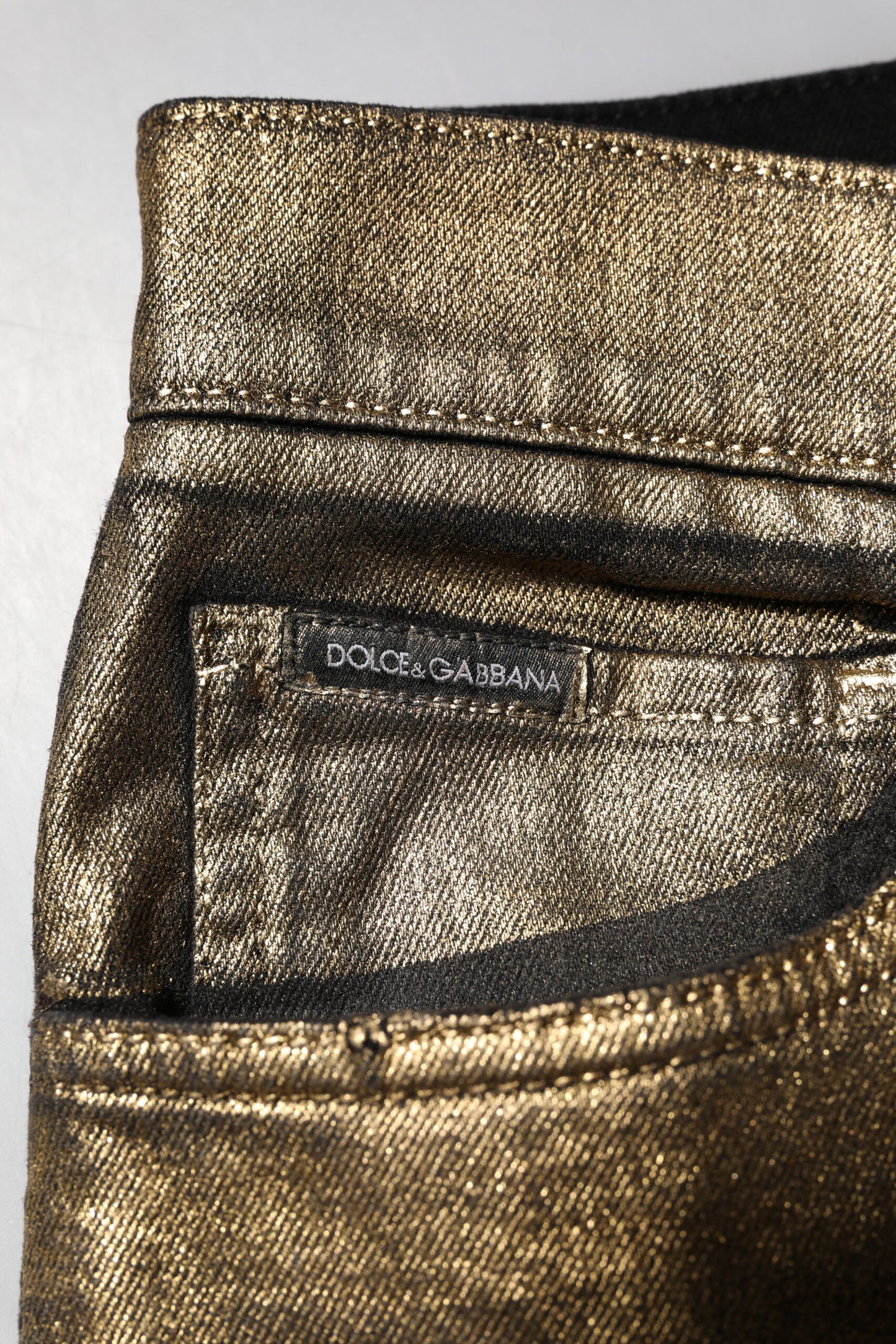Dolce & Gabbana Gold Tattered Cotton Stretch Slim Denim Jeans