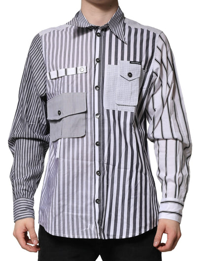 Dolce & Gabbana White Gray Striped Cotton Men Casual Shirt