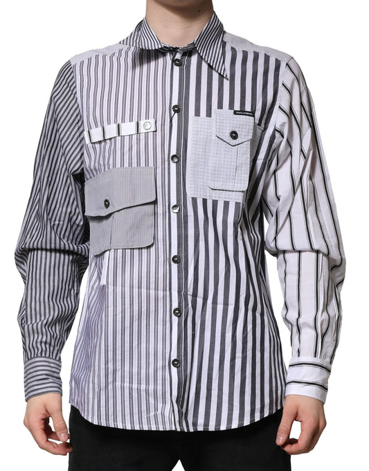 Dolce & Gabbana White Gray Striped Cotton Men Casual Shirt