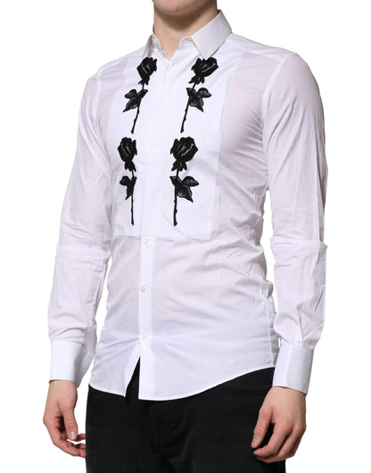 Dolce & Gabbana White Floral Embroidery Men GOLD Formal Shirt